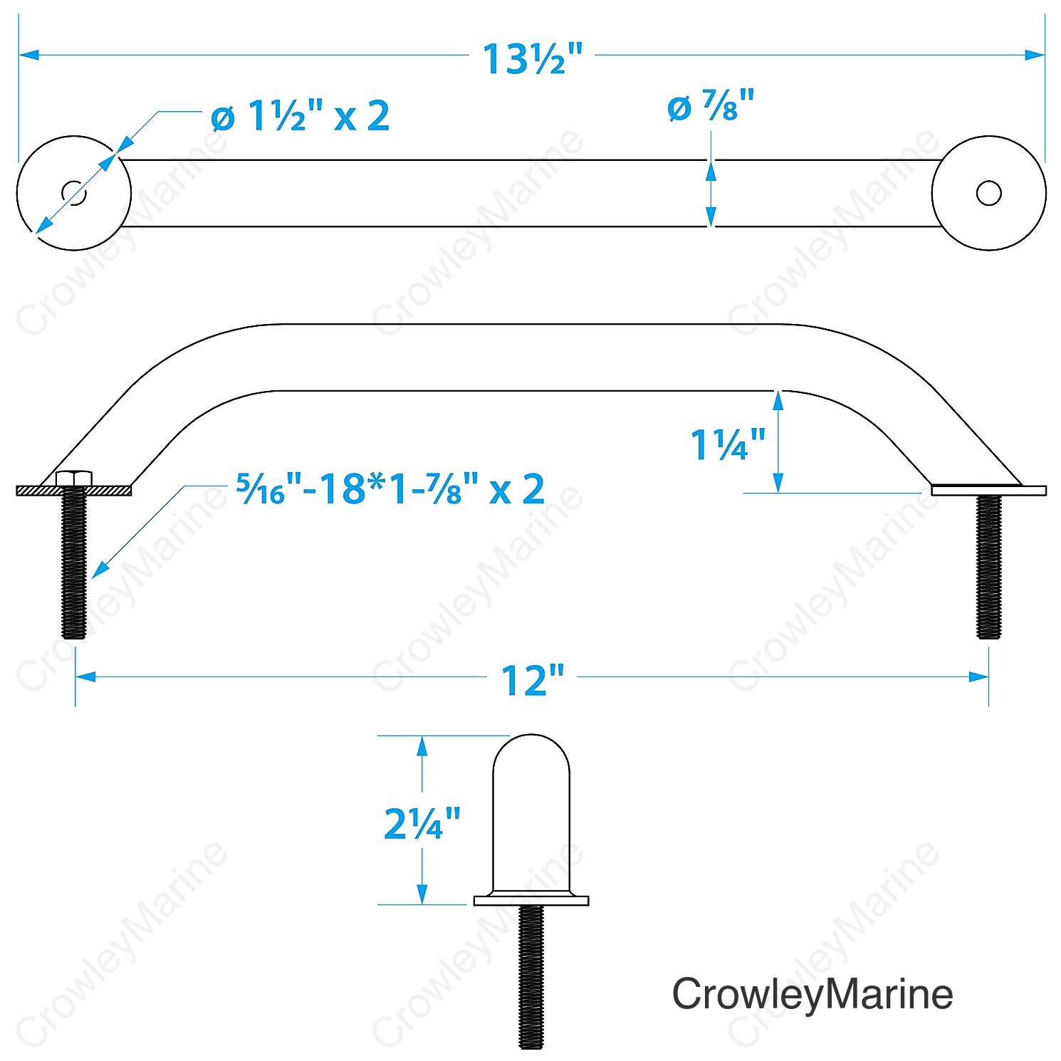 Seachoice Hand Rail w/ Studs, 12 In. Long, 304 Stainless Steel, 5/16-18 X 1-7/8 In. Studs