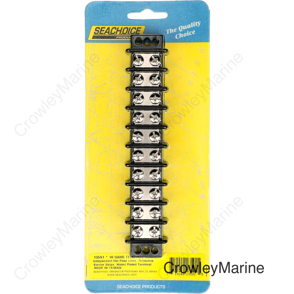 Seachoice Terminal Block, 10-Gang, Nickel Plated Brass Terminals