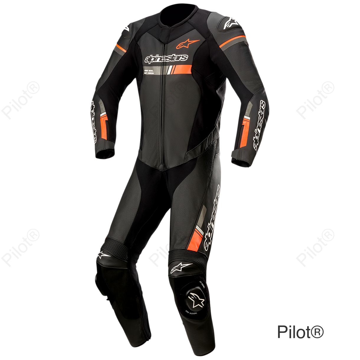 GP Force Chaser 1-Piece Leather Suit - Black/Red Fluorescent - US 44 / EU 54