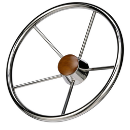 Seachoice 5-Spoke Destroyer Steering Wheel, Stainless Steel, Genuine Teak Center Cap thumbnail-0