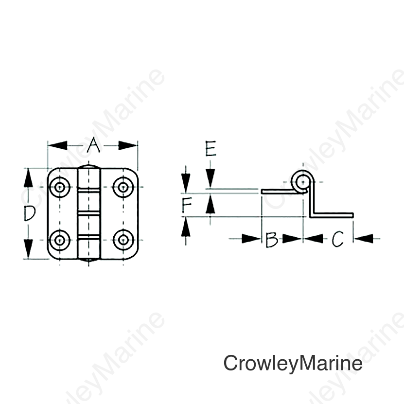 Sea-Dog 2035901 Dampening Offset Butt Hinge, #8 FH, Weight= .09/ .18, A= 1-1/2", B= 3/4", C=3/4" , D= 1-1/2", E= 1/16", 3/8"