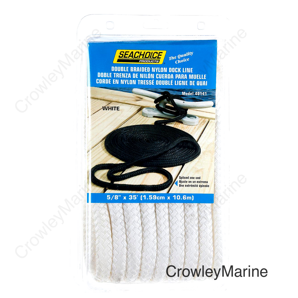 Seachoice Double Braid Nylon Dock Line, White, 5/8 in. X 35 Ft., 15 in. Eye Splice, Pre-Shrunk, Heat Stabilized