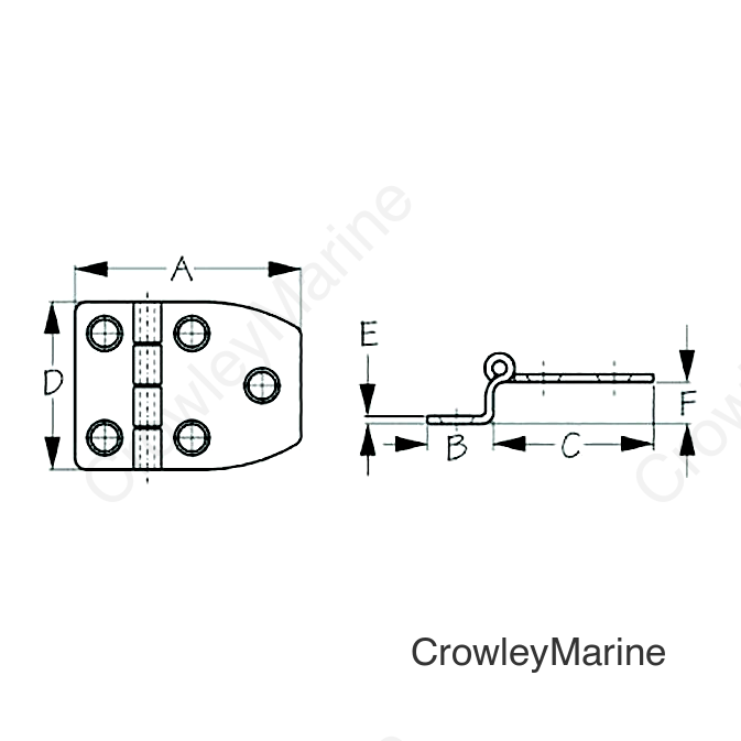 Sea-Dog 2035121 Dampening Offset Short Side Door Hinge #8 FH Weight .10/ .20 A=2-18", B=5/8", C=1-3/8", D=1-1/2", E= 1/16",  F=3/8"
