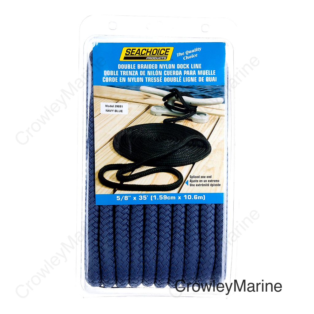 Seachoice Double-Braid Nylon Dock Line w/ Eye Splice, Pre-Shrunk, Heat Stabilized, 5/8 In. X 35 Ft., Navy Blue