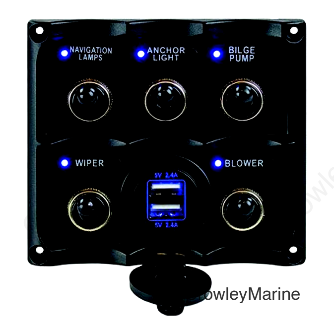 Seadog 424617-1 Water Resistant Toggle Switch Panel w/5 Switches & USB Power Stocket