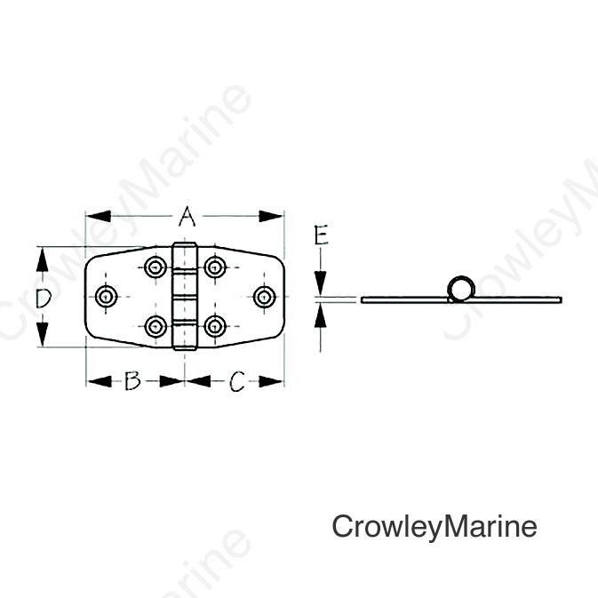 Sea-Dog 2035301 Dampening Door Hinge, #8 FH, Weight= .11/ .22 A= 2-7/8" , B=1-7/16", C=1-7/16" D=1-1/2", E=1/16"