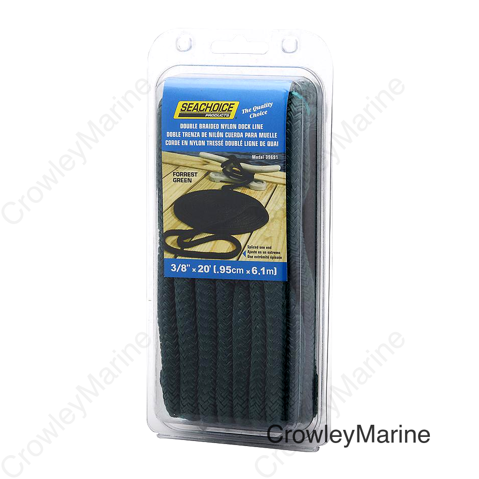 Seachoice Double-Braid Nylon Dock Line w/ Eye Splice, Pre-Shrunk, Heat Stabilized, 3/8 In. X 20 Ft., Forest Green
