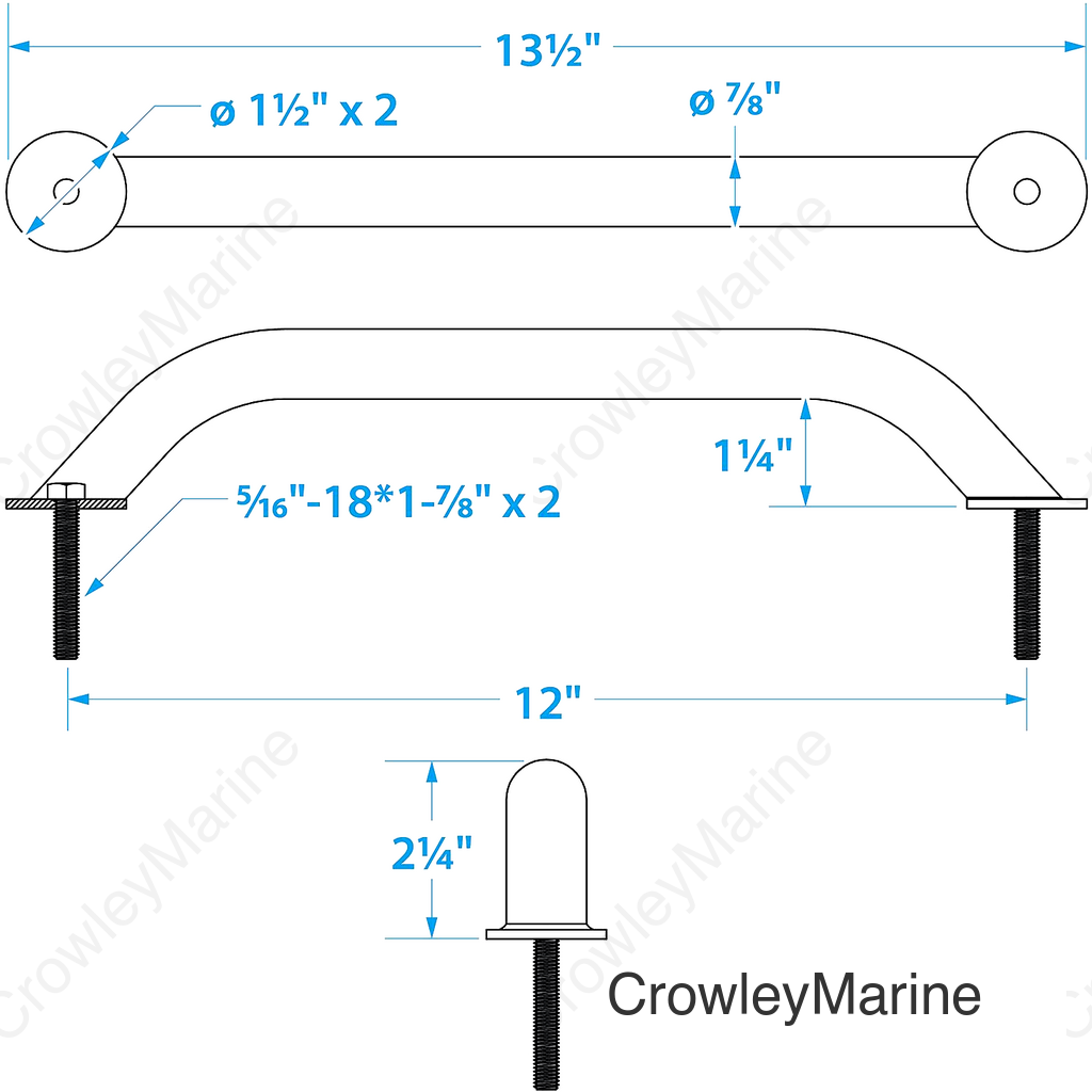 Seachoice Hand Rail w/ Studs, 12 In. Long, 304 Stainless Steel, 5/16-18 X 1-7/8 In. Studs
