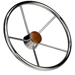 Seachoice 5-Spoke Destroyer Steering Wheel, Stainless Steel, Genuine Teak Center Cap thumbnail-1