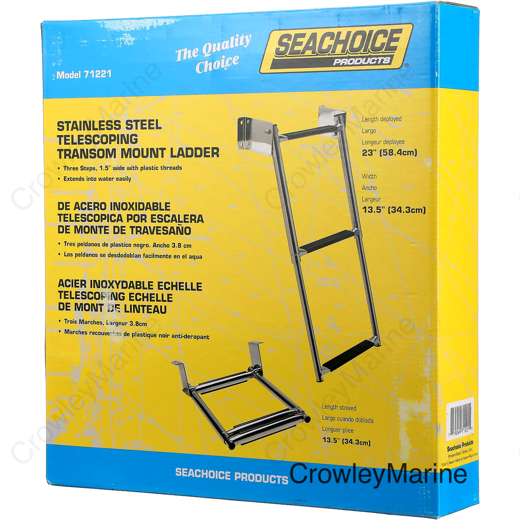Seachoice Telescoping Transom Mount Ladder, Stainless Steel, 3 Steps, 300 Lb. Capacity