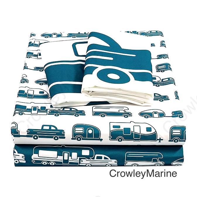 Camco 53298 Bed Sheets, Short Queen, Blue/white RV print