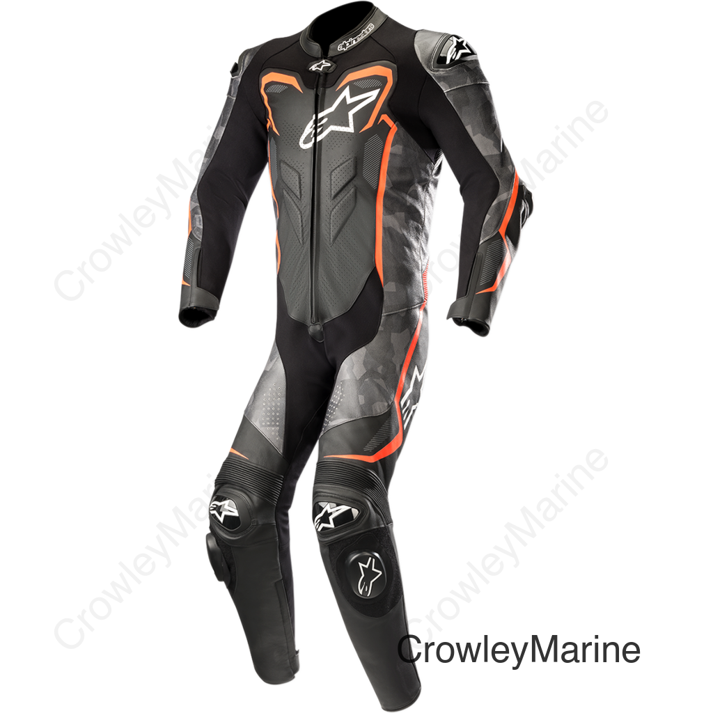 GP Plus v2 Camo 1-Piece Leather Suit - Black/Charcoal/Red Fluorescent - US 42 / EU 52