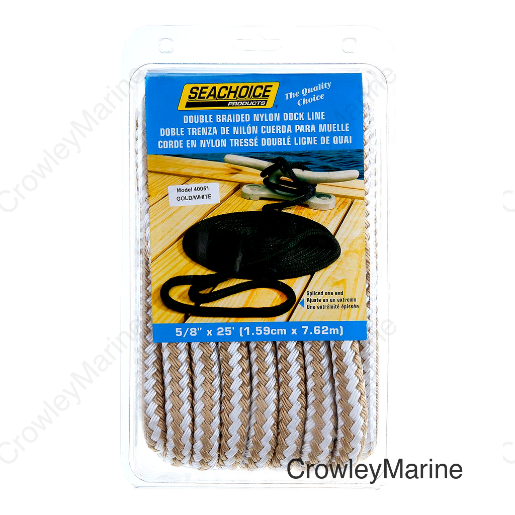 Seachoice Double-Braid Nylon Dock Line w/ Eye Splice, Pre-Shrunk, Heat Stabilized, 5/8 In. X 25 Ft., Gold White