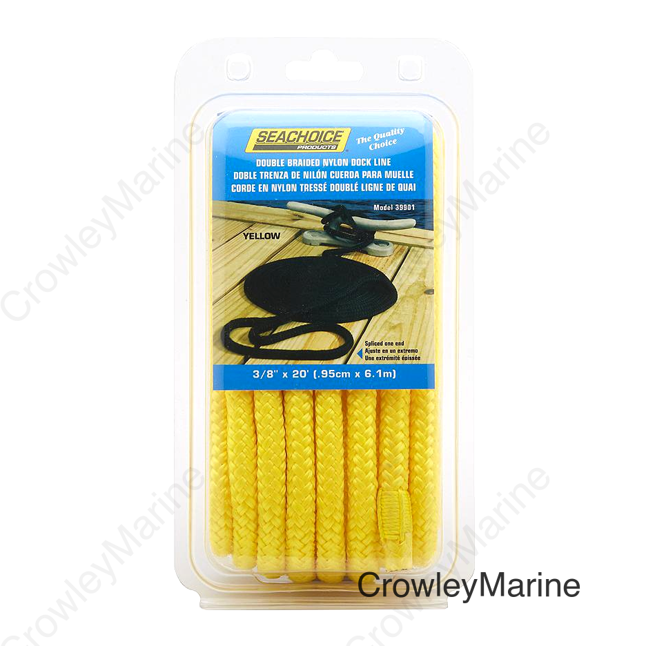 Seachoice Double-Braid Nylon Dock Line w/ Eye Splice, Pre-Shrunk, Heat Stabilized, 3/8 In. X 20 Ft., Yellow