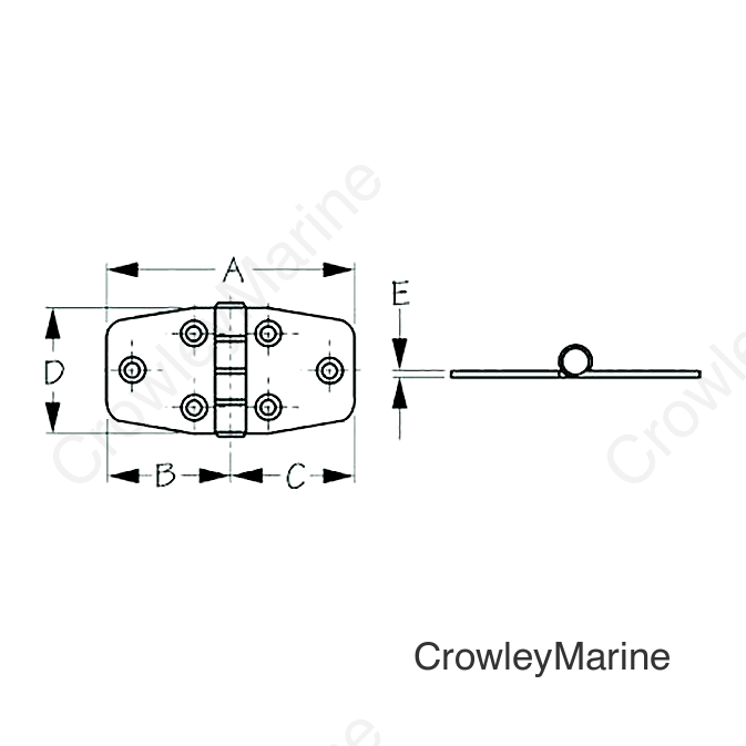 Sea-Dog 2035301 Dampening Door Hinge, #8 FH, Weight= .11/ .22 A= 2-7/8" , B=1-7/16", C=1-7/16" D=1-1/2", E=1/16"