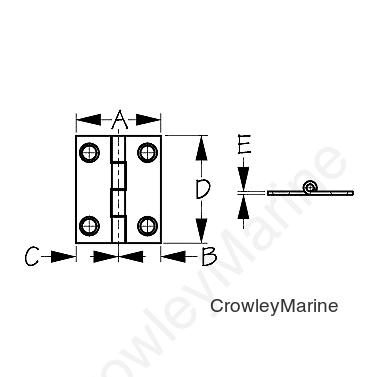 Sea-Dog 2030701 Dampening Butt Hinge, # 8 FH, Weight= .03/ .06 A=1-1/4", B= 5/8" C= 5/8", D=1-1/2", E= 1/16"