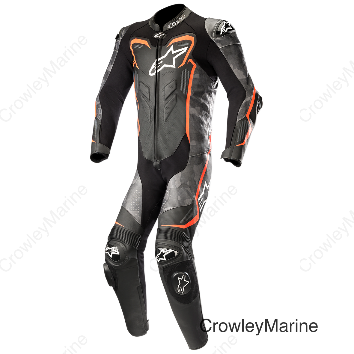 GP Plus v2 Camo 1-Piece Leather Suit - Black/Charcoal/Red Fluorescent - US 44 / EU 54