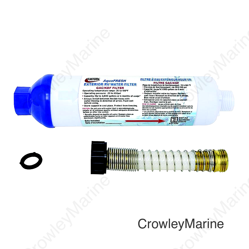 Valterra A011131VP AquaFresh Replacement Exterior Water Filter W/Hose Connections & Hose Saver