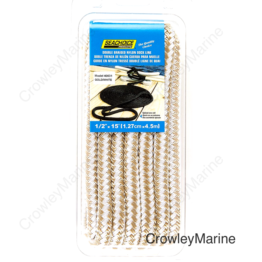 Seachoice Double-Braid Nylon Dock Line w/ Eye Splice, Pre-Shrunk, Heat Stabilized, 1/2 In. X 15 Ft., Gold White