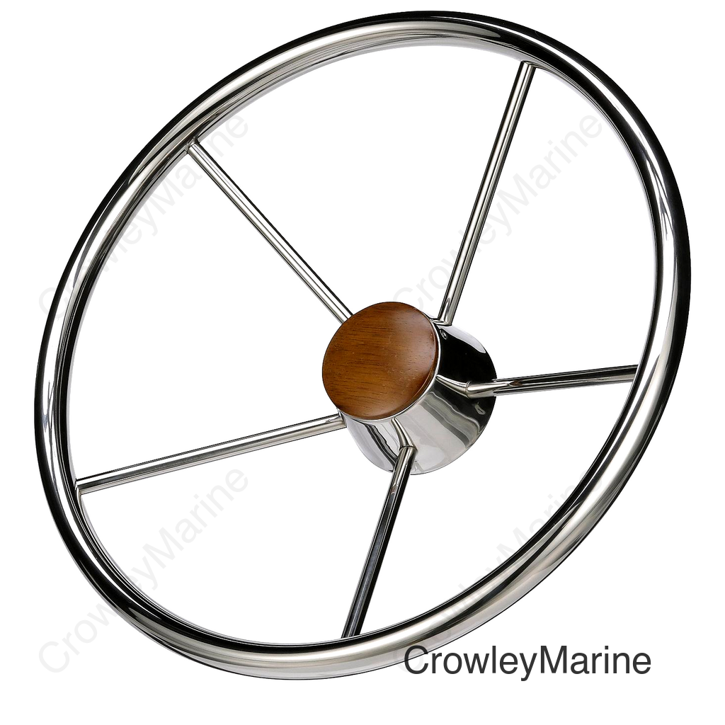Seachoice 5-Spoke Destroyer Steering Wheel, Stainless Steel, Genuine Teak Center Cap