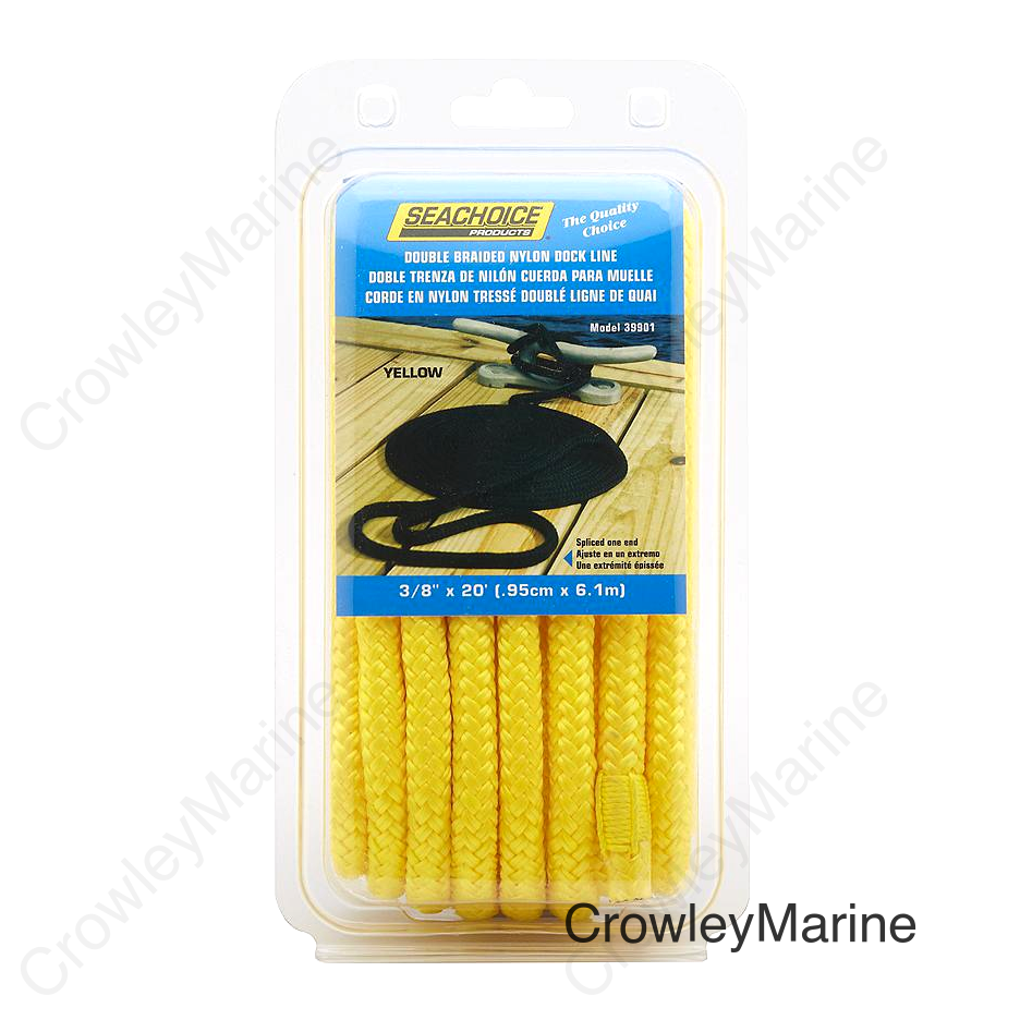 Seachoice Double-Braid Nylon Dock Line w/ Eye Splice, Pre-Shrunk, Heat Stabilized, 3/8 In. X 20 Ft., Yellow
