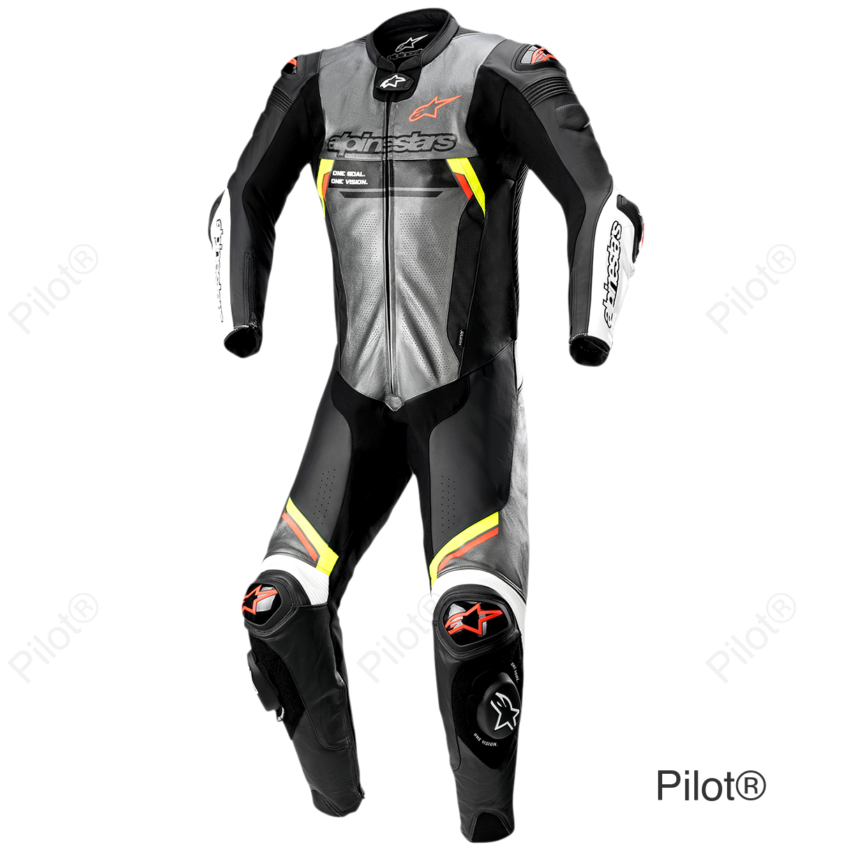Missile Ignition v2 1-Piece Leather Suit - Metallic Gray/Black/Yellow/Red Fluo - US 36 / EU 46