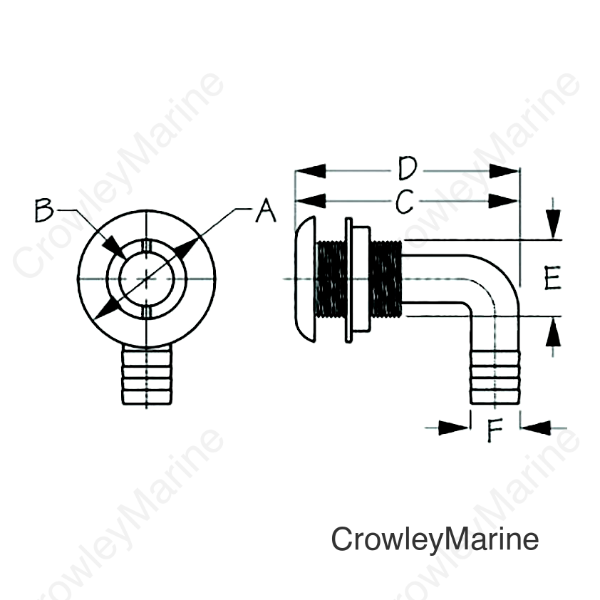 Sea-Dog 520833 90° Thru-Hull With Stainless Cap, A: 1-7/8", B: 7/8", C:1-13/16",D: 3-3/4", E: 1-15/16", F: 1-1/8", Stainless