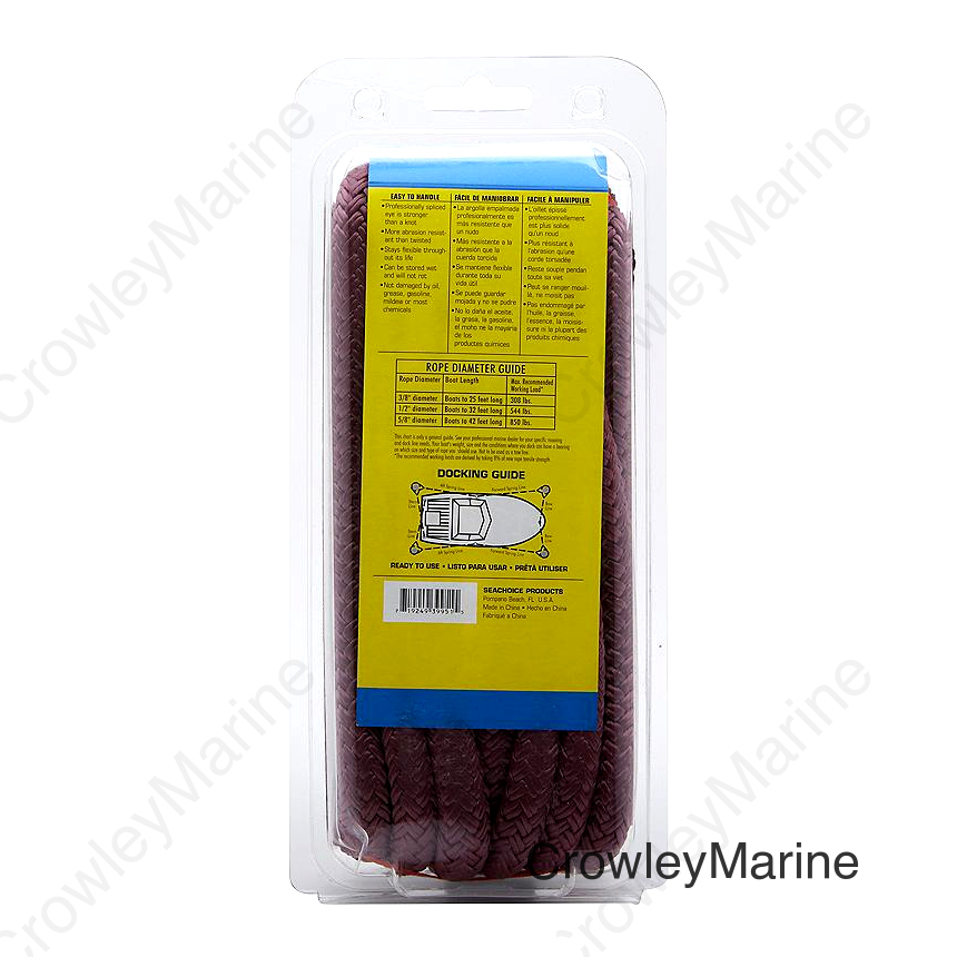 Seachoice Double-Braid Nylon Dock Line w/ Eye Splice, Pre-Shrunk, Heat Stabilized, 1/2 In. x 15 Ft., Burgandy