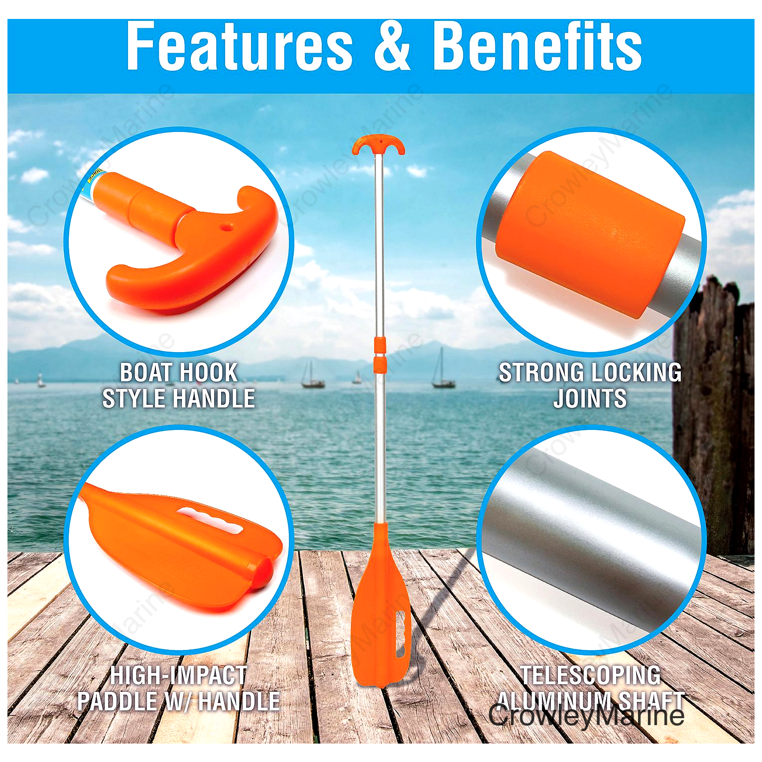 Seachoice Emergency Multi-Purpose Telescoping Boat Hook and Paddle, Orange, 26-72 In.