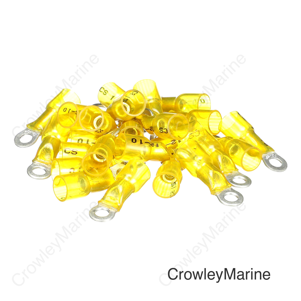 Seachoice 3-to-1 Heat Shrink Ring Terminal, Marine Grade Heat-Shrinkable Ring Terminals, Yellow, Pack of 25, Fits 3/8 in. Stud, 12-10 Wire Range