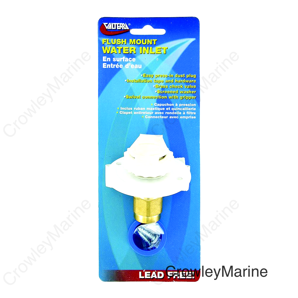 Valterra White Flush Mount FPT Brass Check Valve RV Water Inlet | Includes Screws, Putty Tape & Teflon Tape