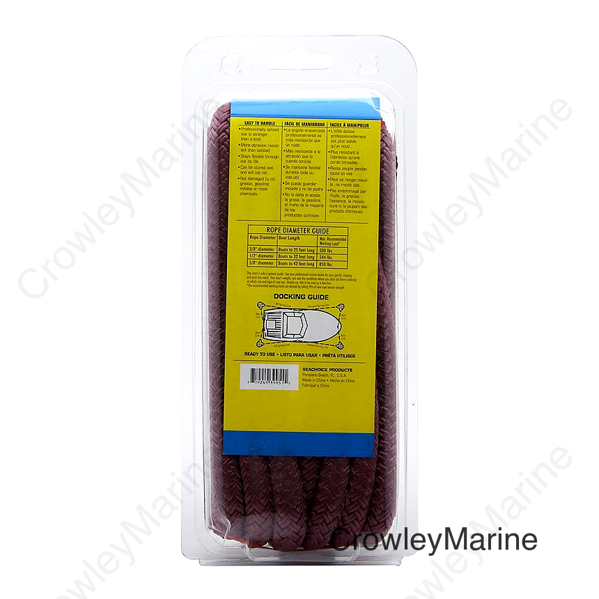 Seachoice Double-Braid Nylon Dock Line w/ Eye Splice, Pre-Shrunk, Heat Stabilized, 1/2 In. x 15 Ft., Burgandy