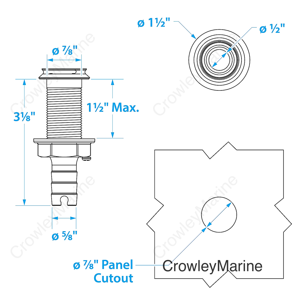 Seachoice Mega-Flow Dripless Thru Hull Fitting, 316 Stainless Steel, Fits 5/8 in. Hose, 1-1/2 in. Max. Hull