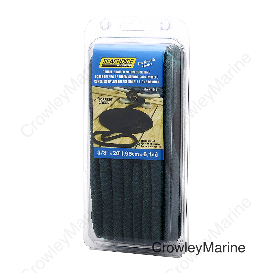 Seachoice Double-Braid Nylon Dock Line w/ Eye Splice, Pre-Shrunk, Heat Stabilized, 3/8 In. X 20 Ft., Forest Green
