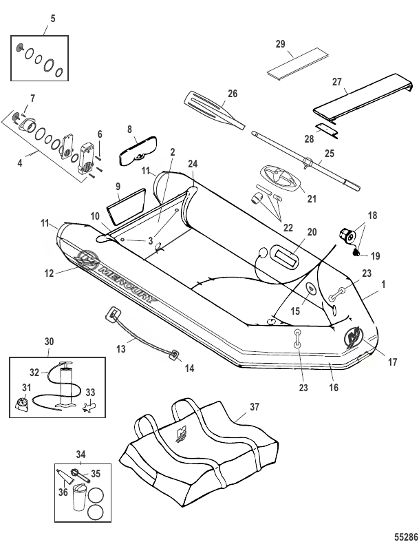 Serial Range Inflatable Boat Mercury PVCSoft Bottom 2016-and Up - BE-BME53770G516 & Up - Roll Up Model (240)