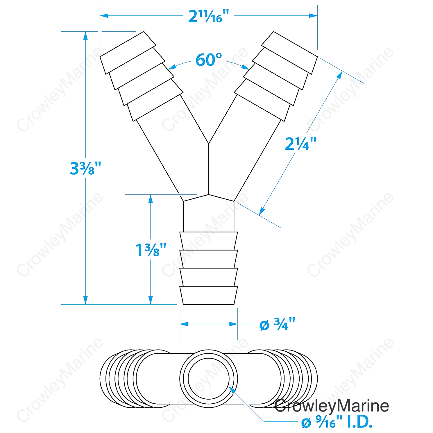 Seachoice 3-Way Y Fitting, Fits 3/4 in. ID Hose, Black Plastic