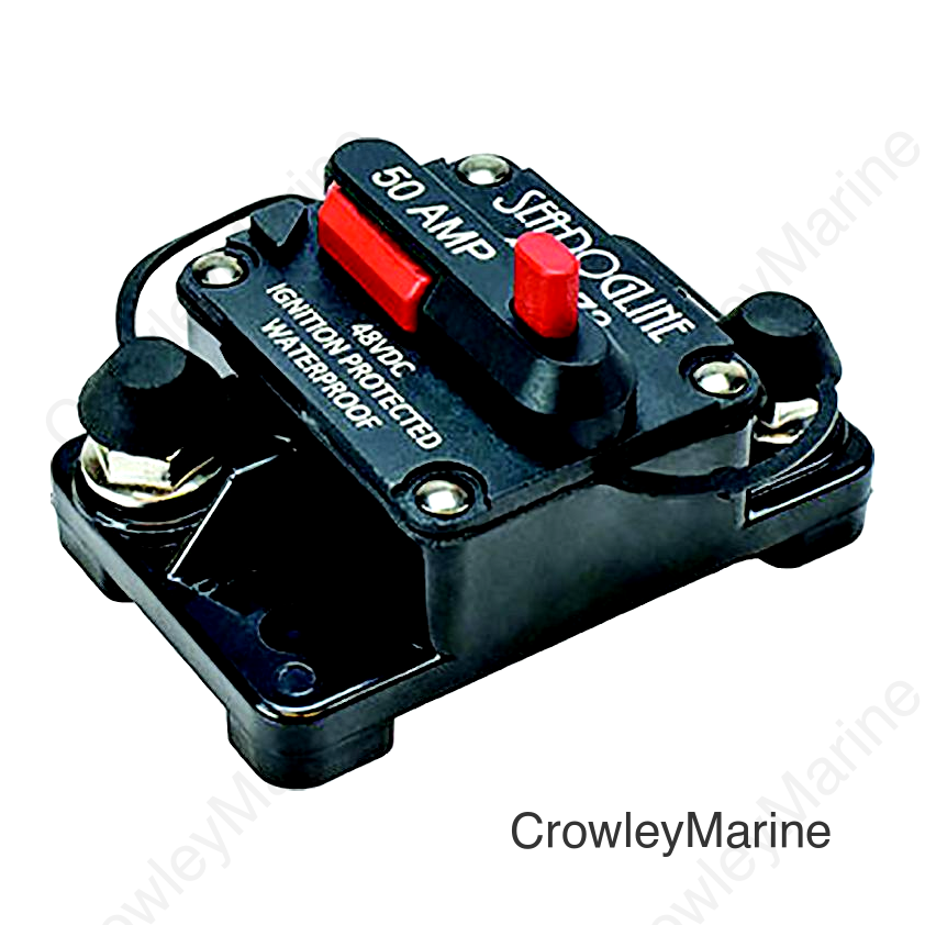 Sea-Dog 4208701 Hi-Amp Surface Mount Resettable Circuit Breaker, 25 amps, A=2-7/8" B=1-7/8" C=1-3/4" D=2-3/16" E=1-1/16", 48 Volts