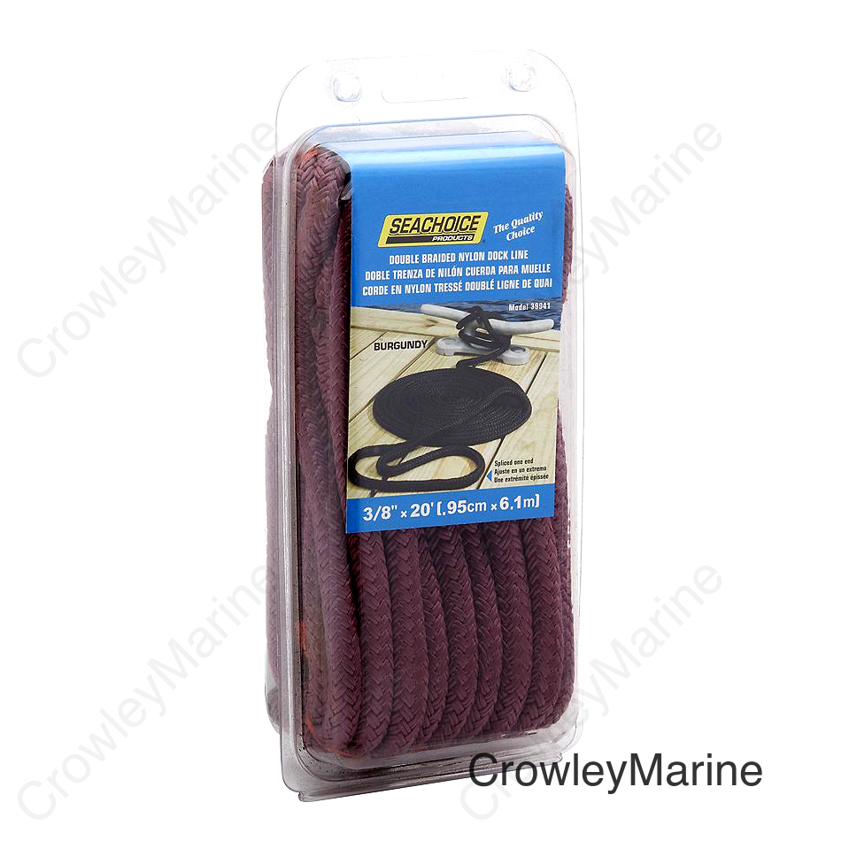 Seachoice Double-Braid Nylon Dock Line w/ Eye Splice, Pre-Shrunk, Heat Stabilized, 3/8 In. X 20 Ft., Burgundy