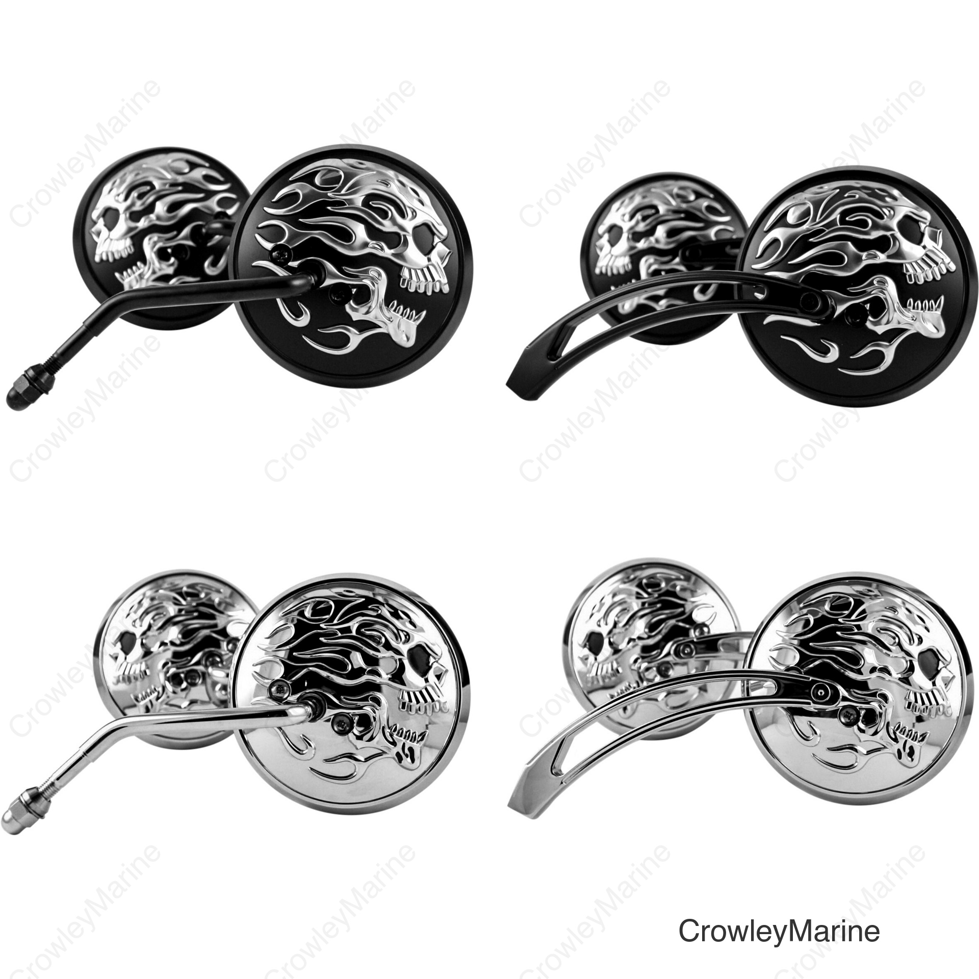BLACK FLAMING SKULL MIRROR W/ALUMINIUM STEM