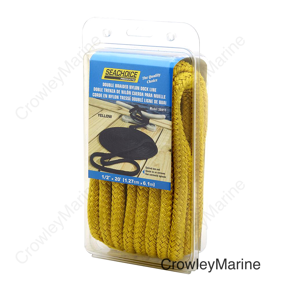 Seachoice Double-Braid Nylon Dock Line w/ Eye Splice, Pre-Shrunk, Heat Stabilized, 1/2 In. X 20 Ft., Yellow