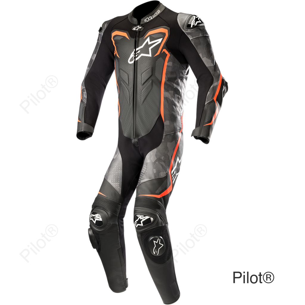 GP Plus v2 Camo 1-Piece Leather Suit - Black/Charcoal/Red Fluorescent - US 48 / EU 58