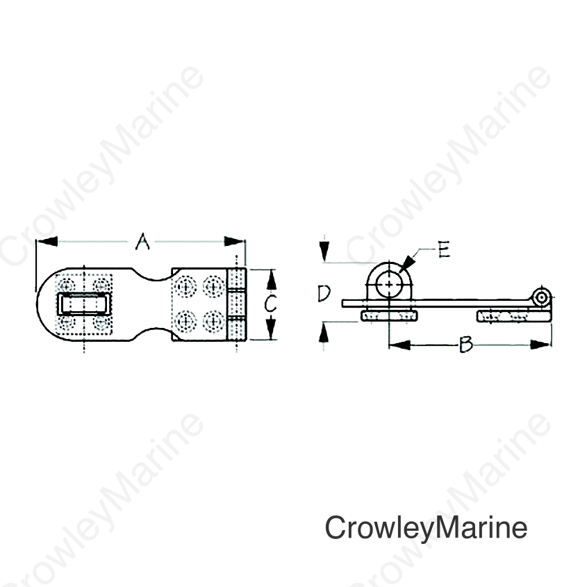 Sea-Dog 2221201 Safety Hasp, , A:3", B:2-5/16", C:1", D: 3/4", E: 3/8", #6 FH, Chrome