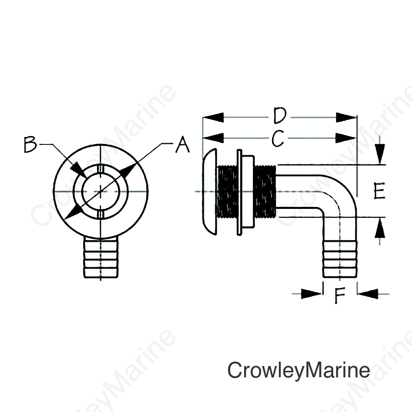 Sea-Dog 520833 90° Thru-Hull With Stainless Cap, A: 1-7/8", B: 7/8", C:1-13/16",D: 3-3/4", E: 1-15/16", F: 1-1/8", Stainless