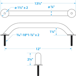 Seachoice Hand Rail w/ Studs, 12 In. Long, 304 Stainless Steel, 5/16-18 X 1-7/8 In. Studs thumbnail-0