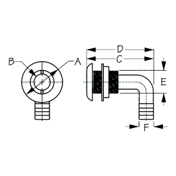 Sea-Dog 520835 90° Thru-Hull With Stainless Cap, A:2-3/8", B: 1-1/8", 1-13/16" ,D: 4-5/16", E: 1-9/16" ,F: 1-1/2", Stainless thumbnail-0