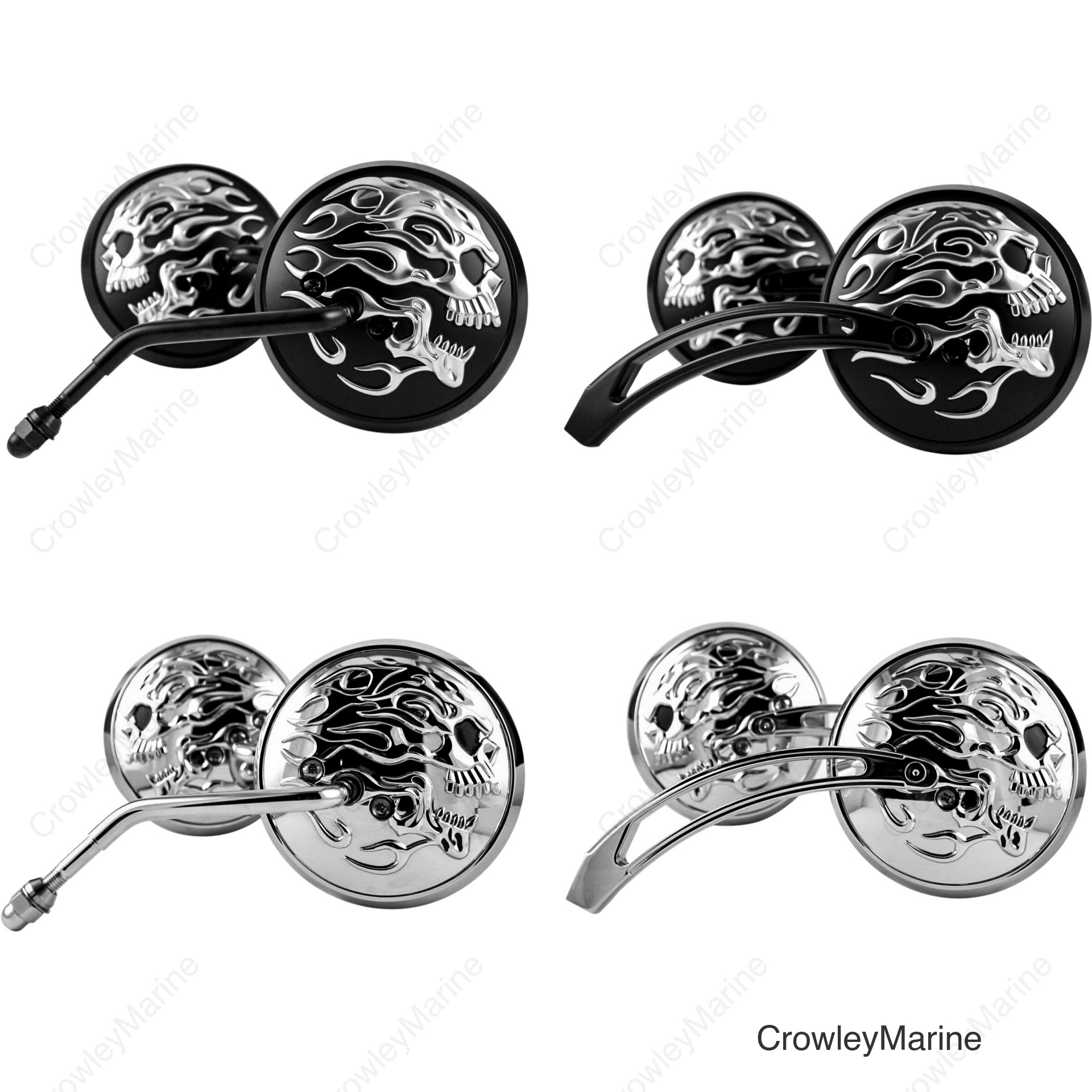 CHROME FLAMING SKULL MIRROR W/ALUMINIUM STEM
