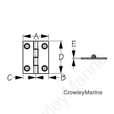 Sea-Dog 2030711 Dampening Butt Hinge, # 8 FH, Weight=.06/ .12, A=1-1/2", B=3/4" C=3/4", D= 2", E= 1/16"