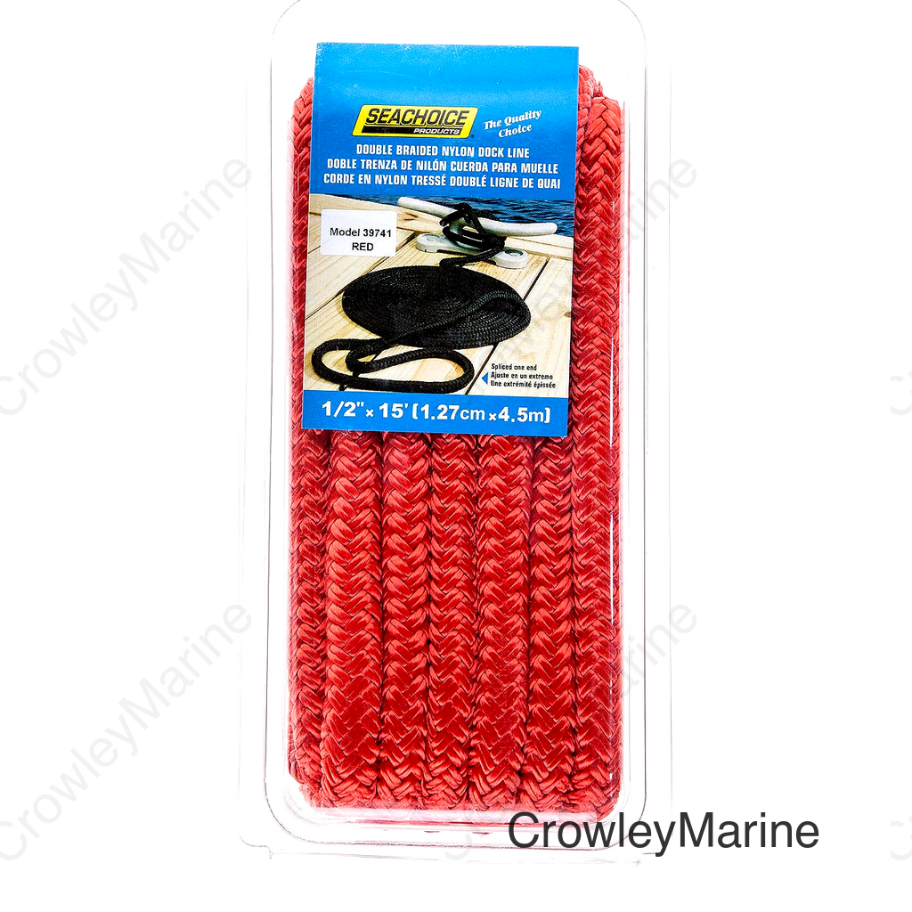 Seachoice Double-Braid Nylon Dock Line w/ Eye Splice, Pre-Shrunk, Heat Stabilized, 1/2 In. X 15 Ft., Red