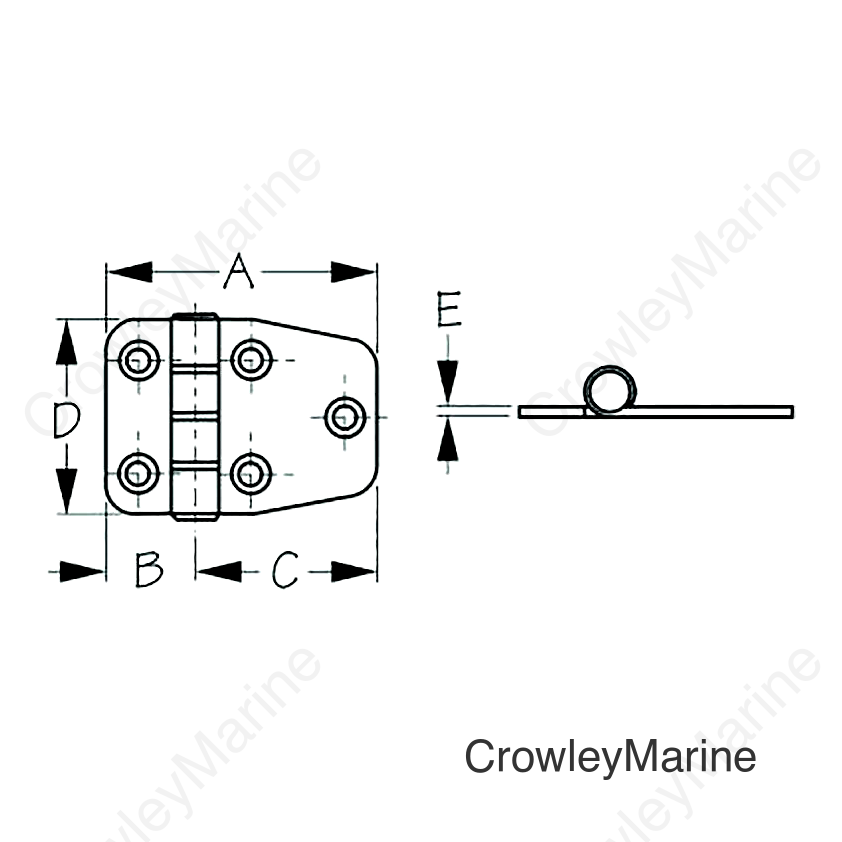 Sea-Dog 2035101 Dampening Short Side Door Hinge, #8 FH, Weight= .09/ .18 A= 2-1/8", B=11/16" C= 1-7/16", D= 1-1/2", E= 1/16"