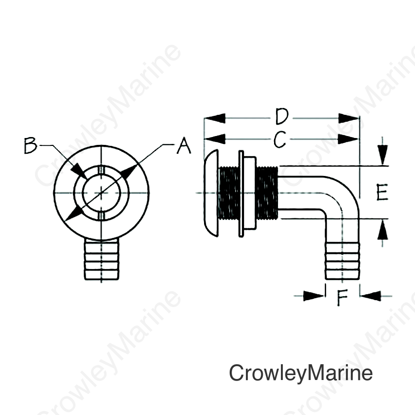 Sea-Dog 520835 90° Thru-Hull With Stainless Cap, A:2-3/8", B: 1-1/8", 1-13/16" ,D: 4-5/16", E: 1-9/16" ,F: 1-1/2", Stainless
